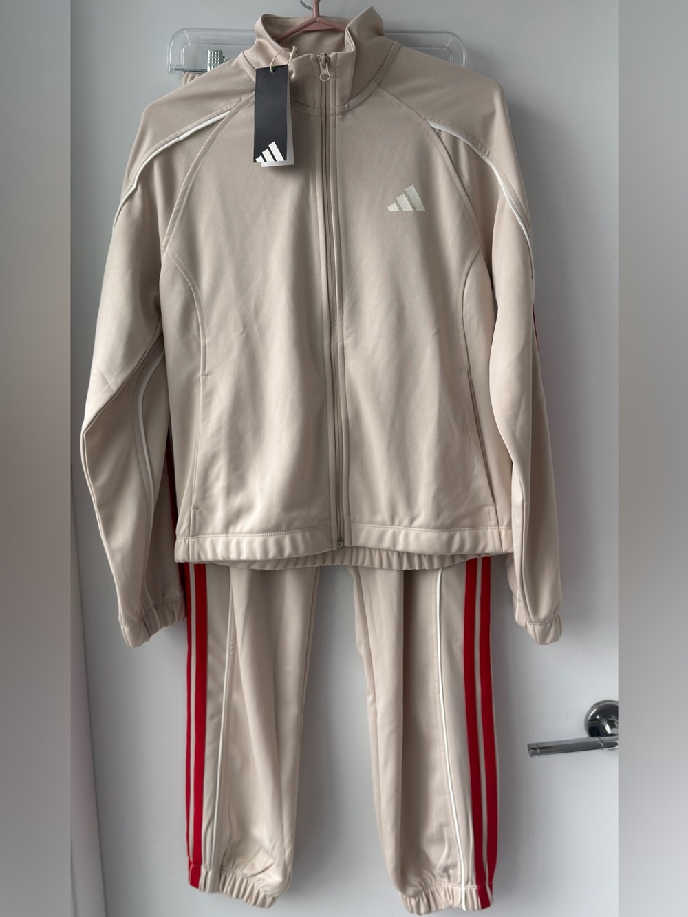 adidas Kids Beige Track Sweatpants & Jacket with Red Stripes